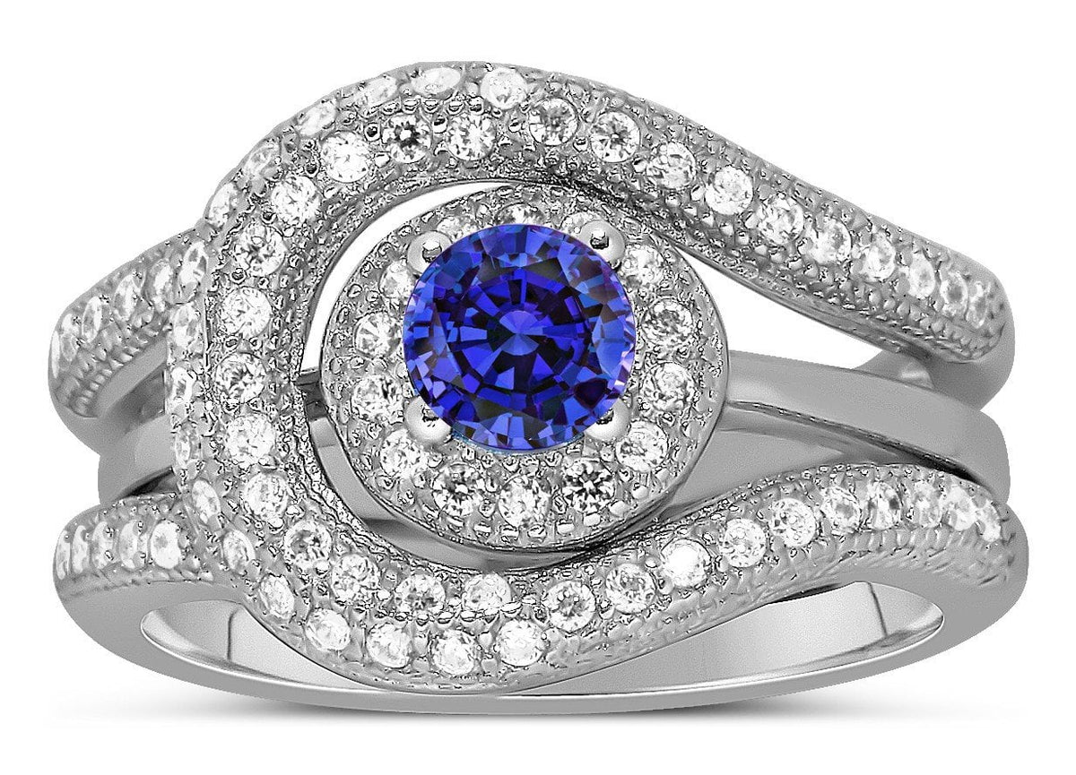 2.25 Carat Halo Round Blue Sapphire Moissanite Diamond Wedding Ring Set in 10k White Gold N369876