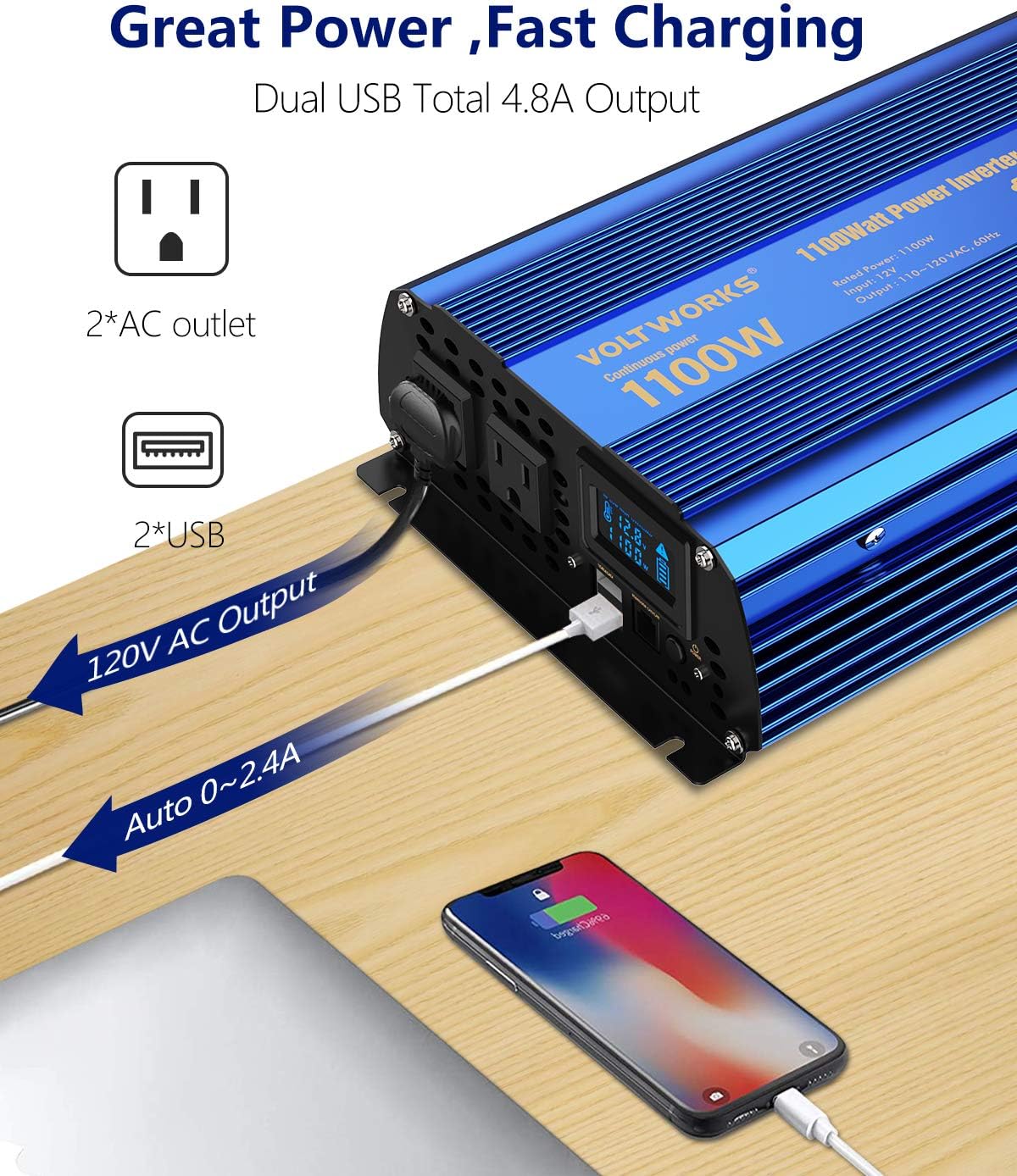 1100 watt DC 12V to AC 120V Modified Sine Wave Inverter with LCD Display Remote Control 2AC Outlets Dual 2.4A USB Ports L83245