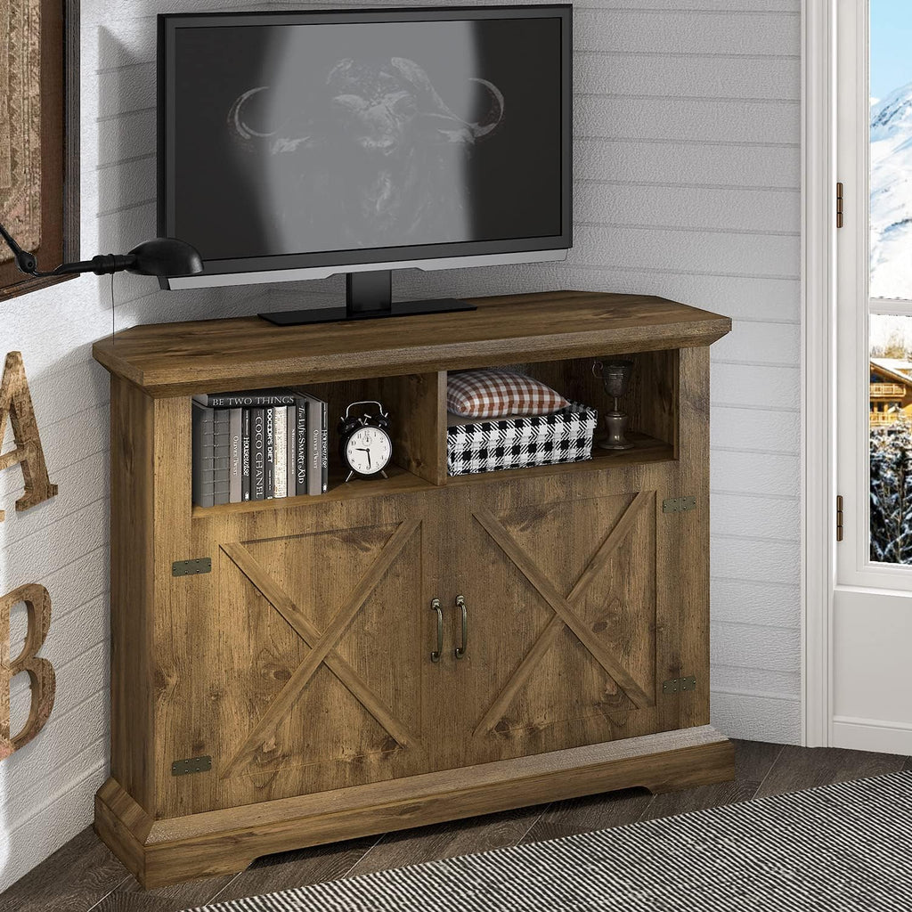 Rustic Oak Corner TV Stand with Storage Cabinets A1625