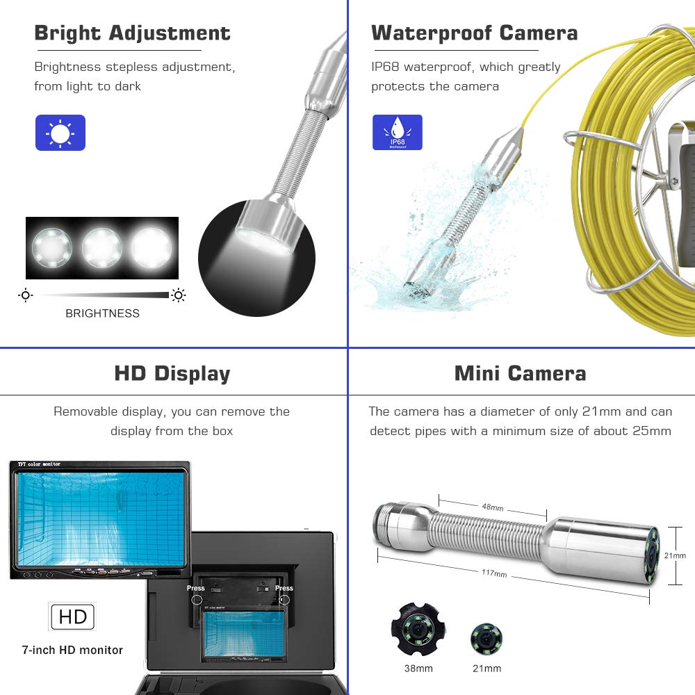 65ft WiFi Waterproof IP68 HD 1080P Sewer Camera I4054