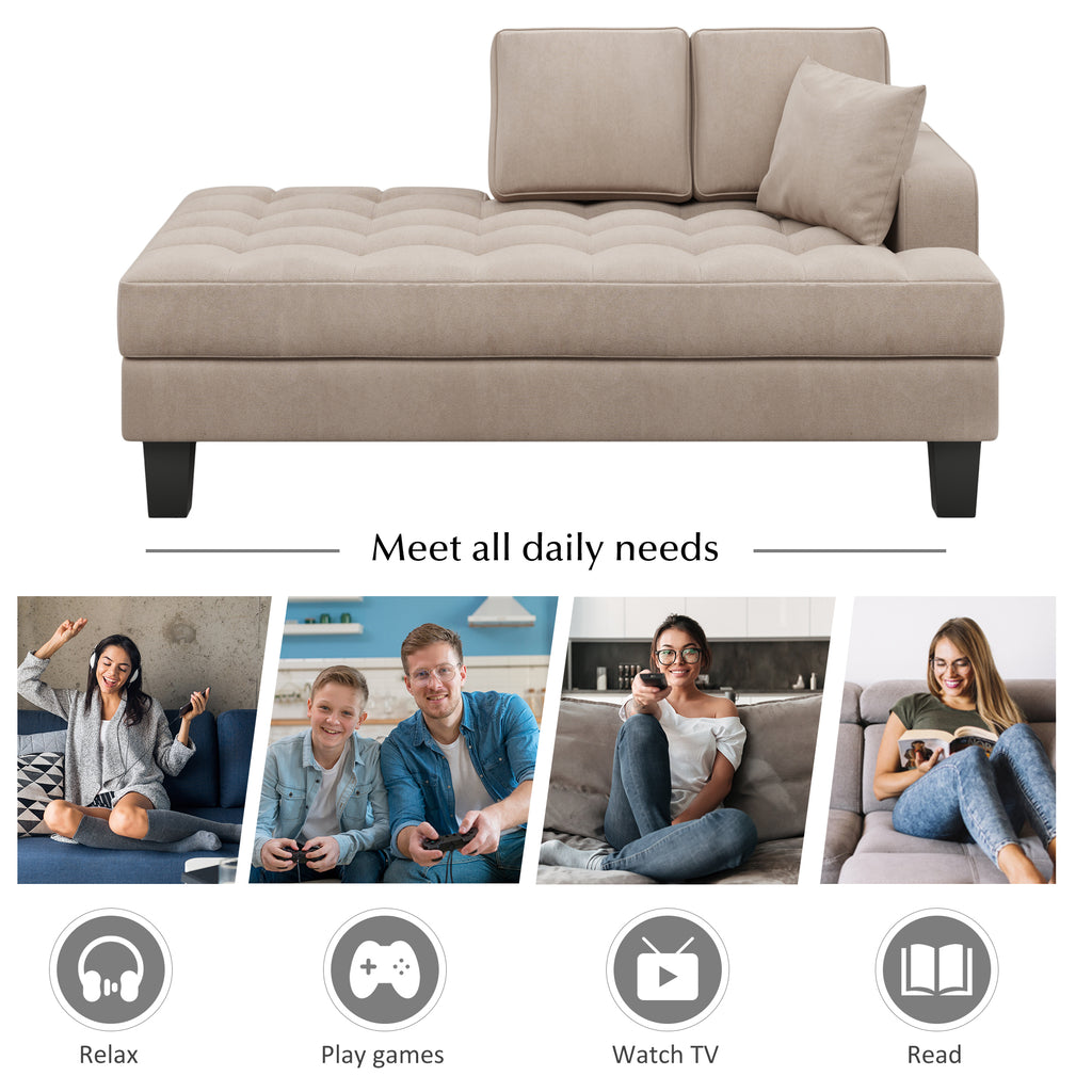 Warm Grey Tufted Fabric Chaise Lounge with Toss Pillow U297089