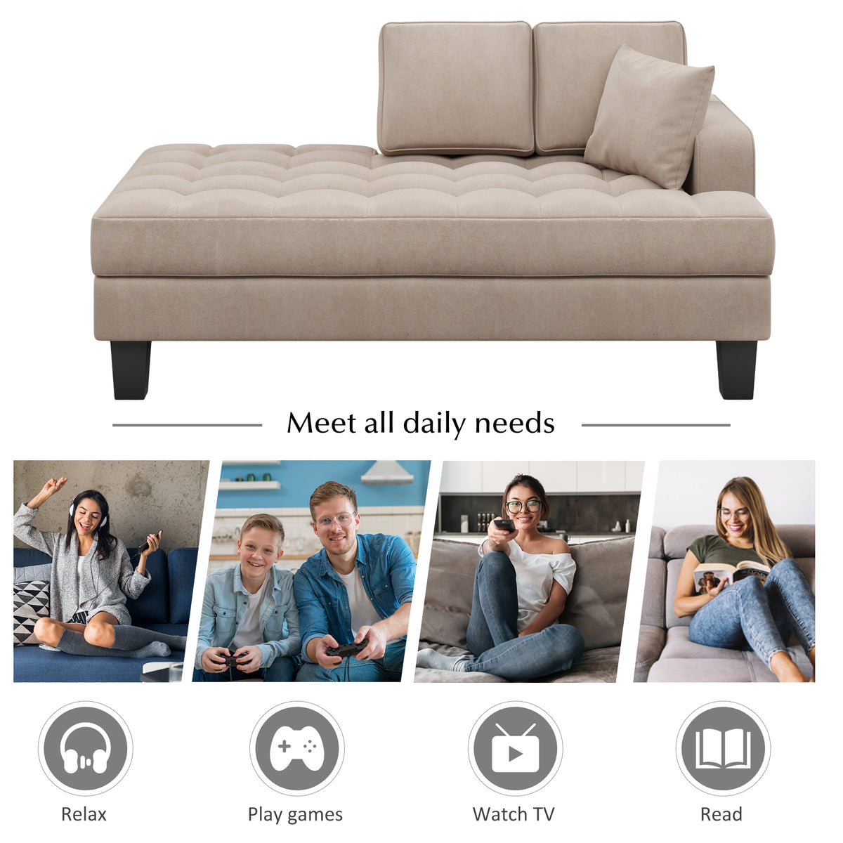 Warm Grey Tufted Fabric Chaise Lounge with Toss Pillow U297089