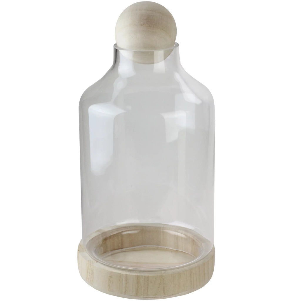 14" Transparent Glass Hurricane with Wooden Lid and Base I1705