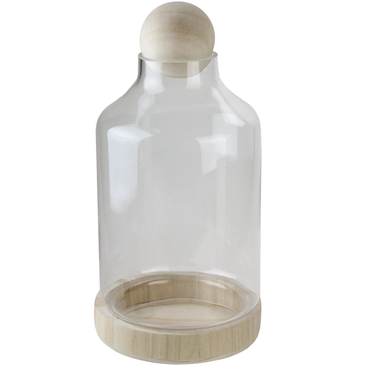 14" Transparent Glass Hurricane with Wooden Lid and Base I1705