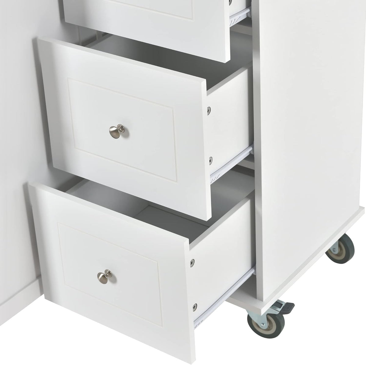 White Kitchen Island with 3 Drawers and Rolling Cart I6107