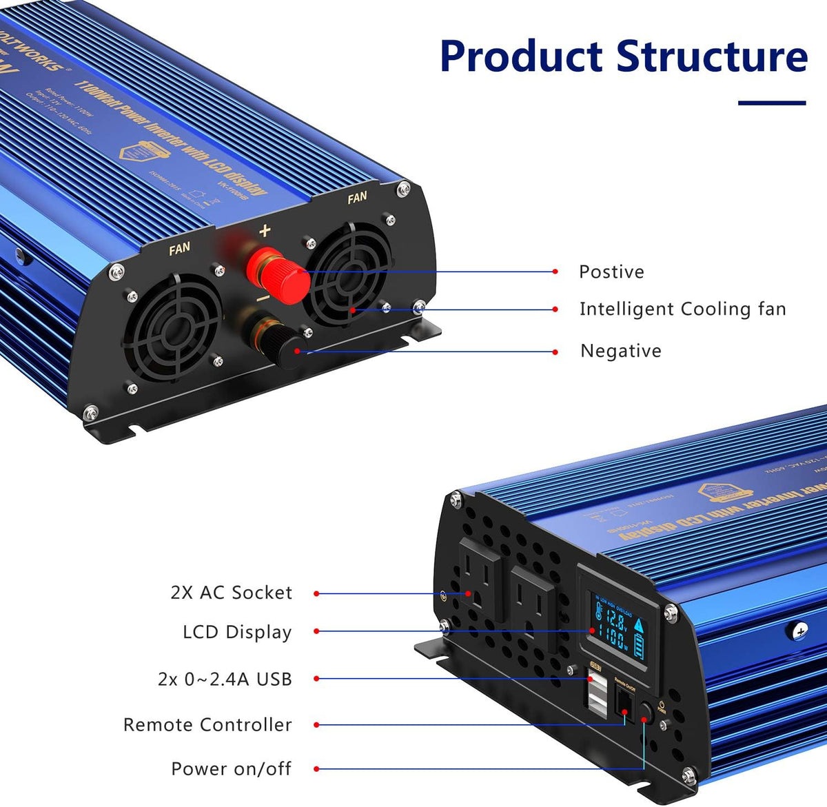1100 watt DC 12V to AC 120V Modified Sine Wave Inverter with LCD Display Remote Control 2AC Outlets Dual 2.4A USB Ports L83245