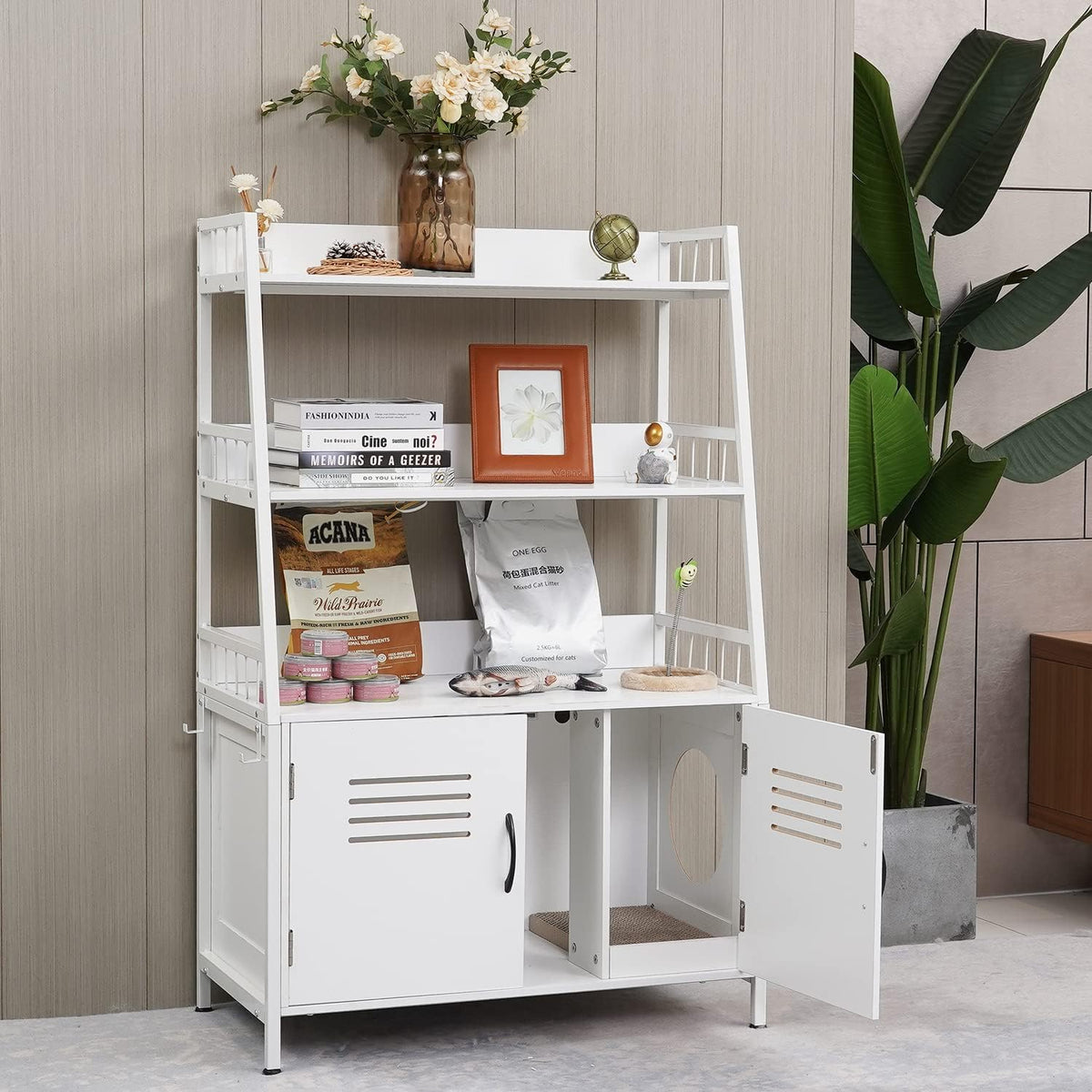White Wooden Cat Litter Box Enclosure with 2 Doors L1845