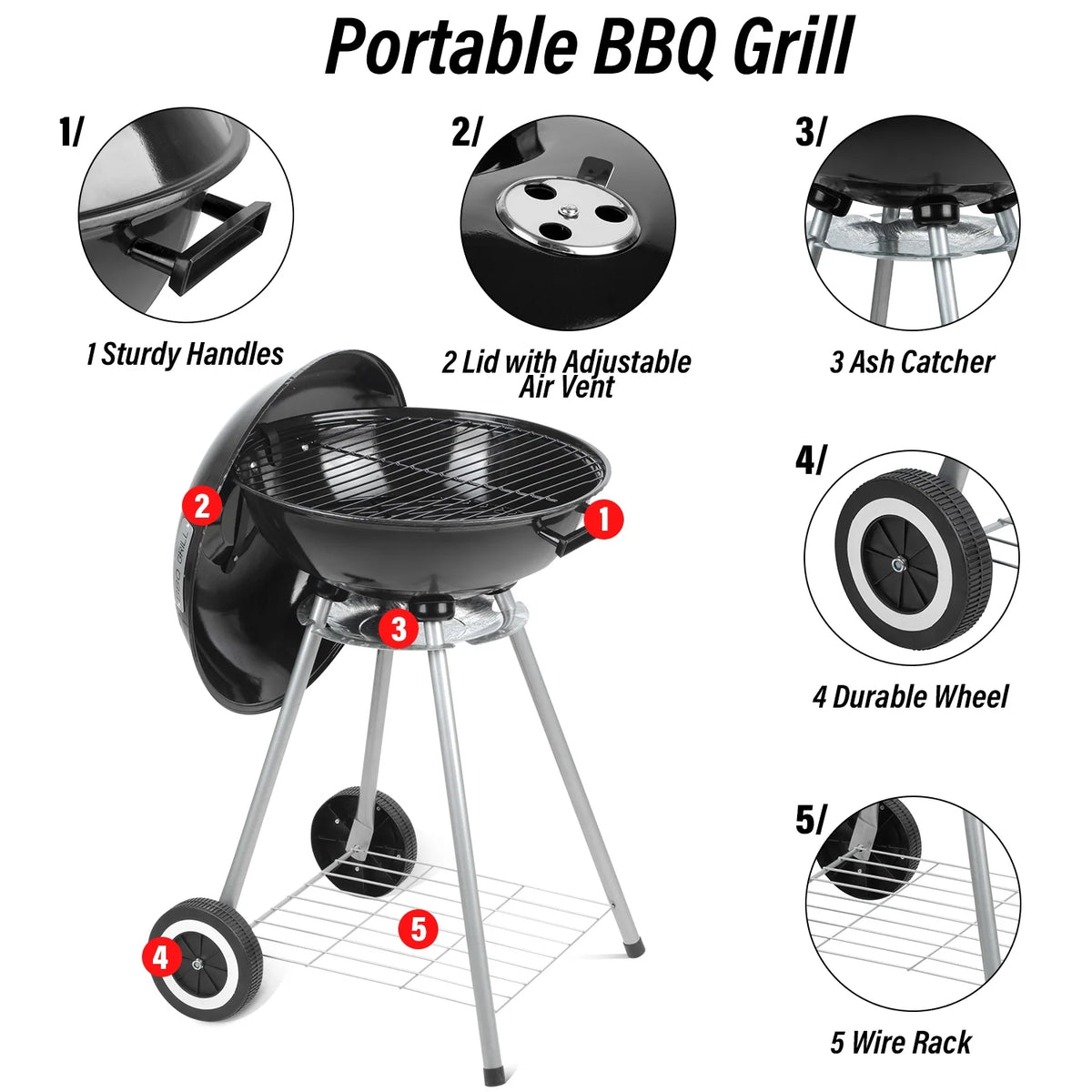 Charcoal Grills, Portable BBQ Kettle Grill, Heavy Duty Coal Grills, Black Y28892
