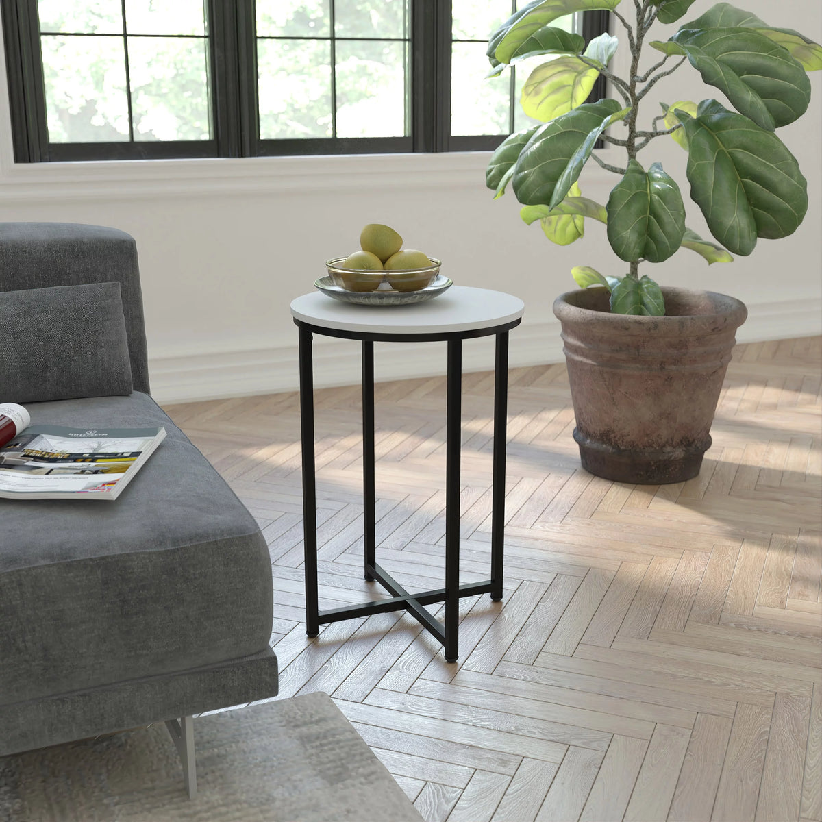 Modern End Table with Black Metal Frame and White Laminate Top Q39892