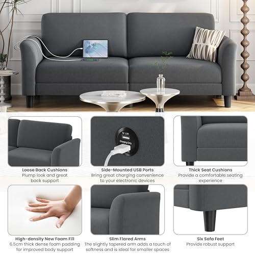 67" Dark Gray Fabric Loveseat Sofa with 2 USB Charger Ports Y93899