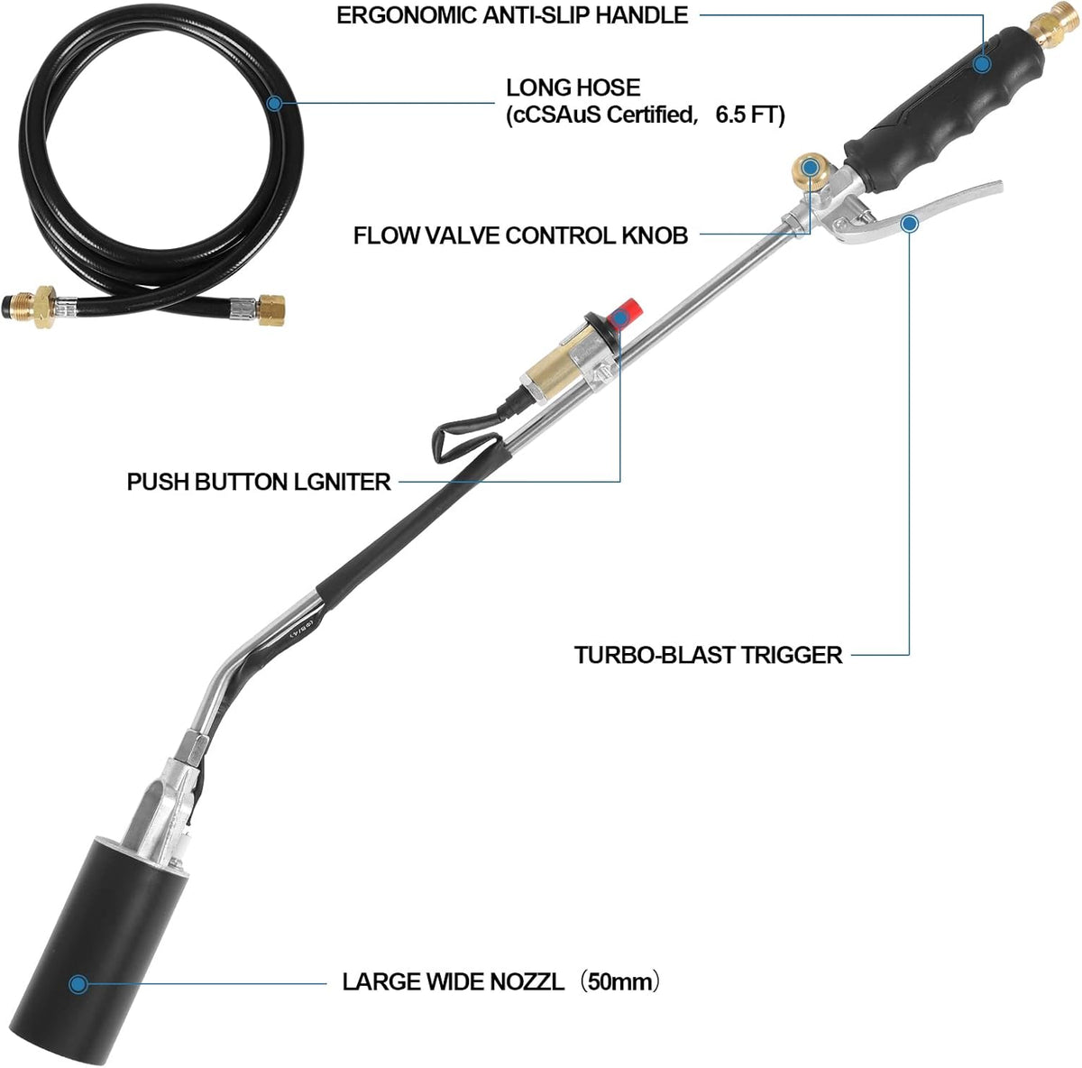 Propane Weed Torch Burner 700000 BTU with Push Button Igniter and 6.5 FT Hose J28662