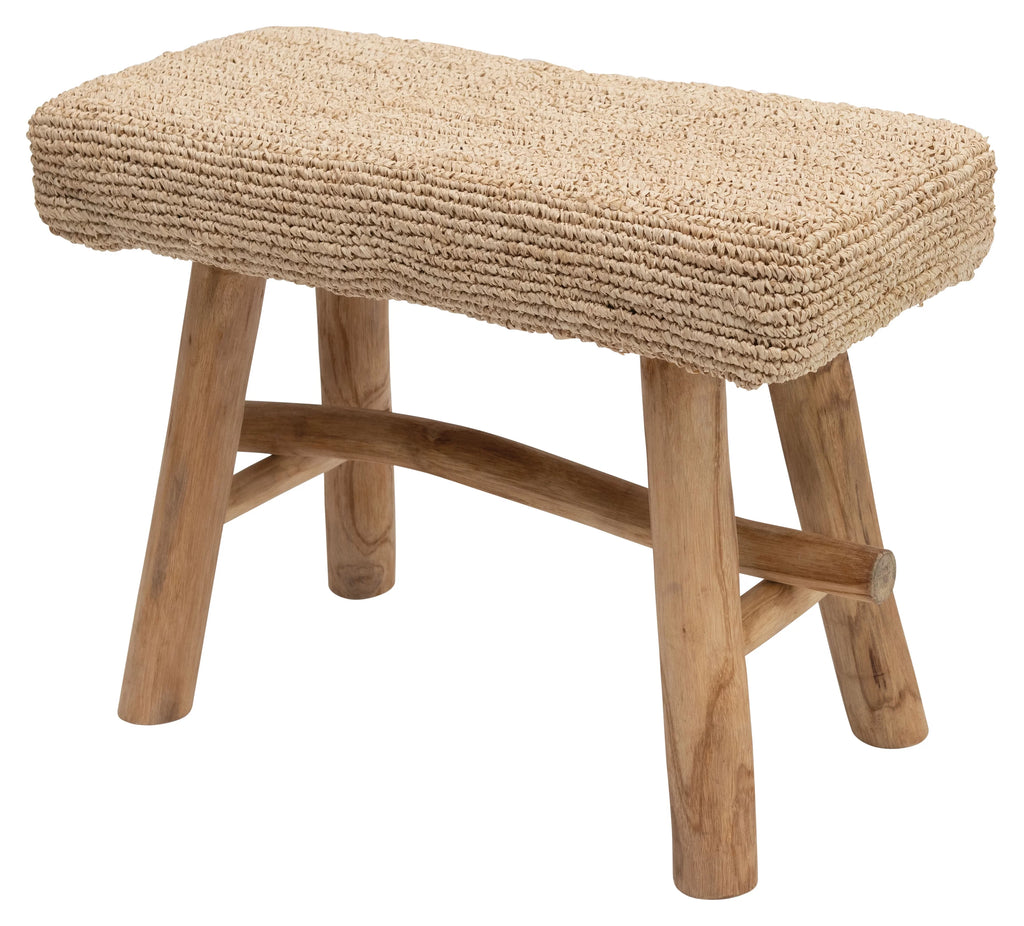 Woven Mendong Covered Stool with Teak Wood Legs C16589