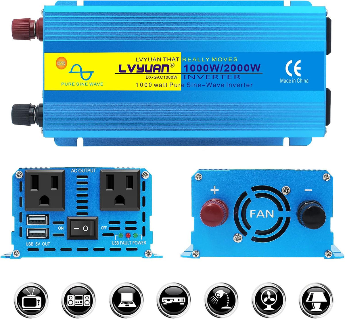 500W Pure Sine Wave Power Inverter DC 12V to 110V/120V AC Dual USB Charging Ports 2 AC Outlets Cigarette Lighter Plug Pack of 2 O463