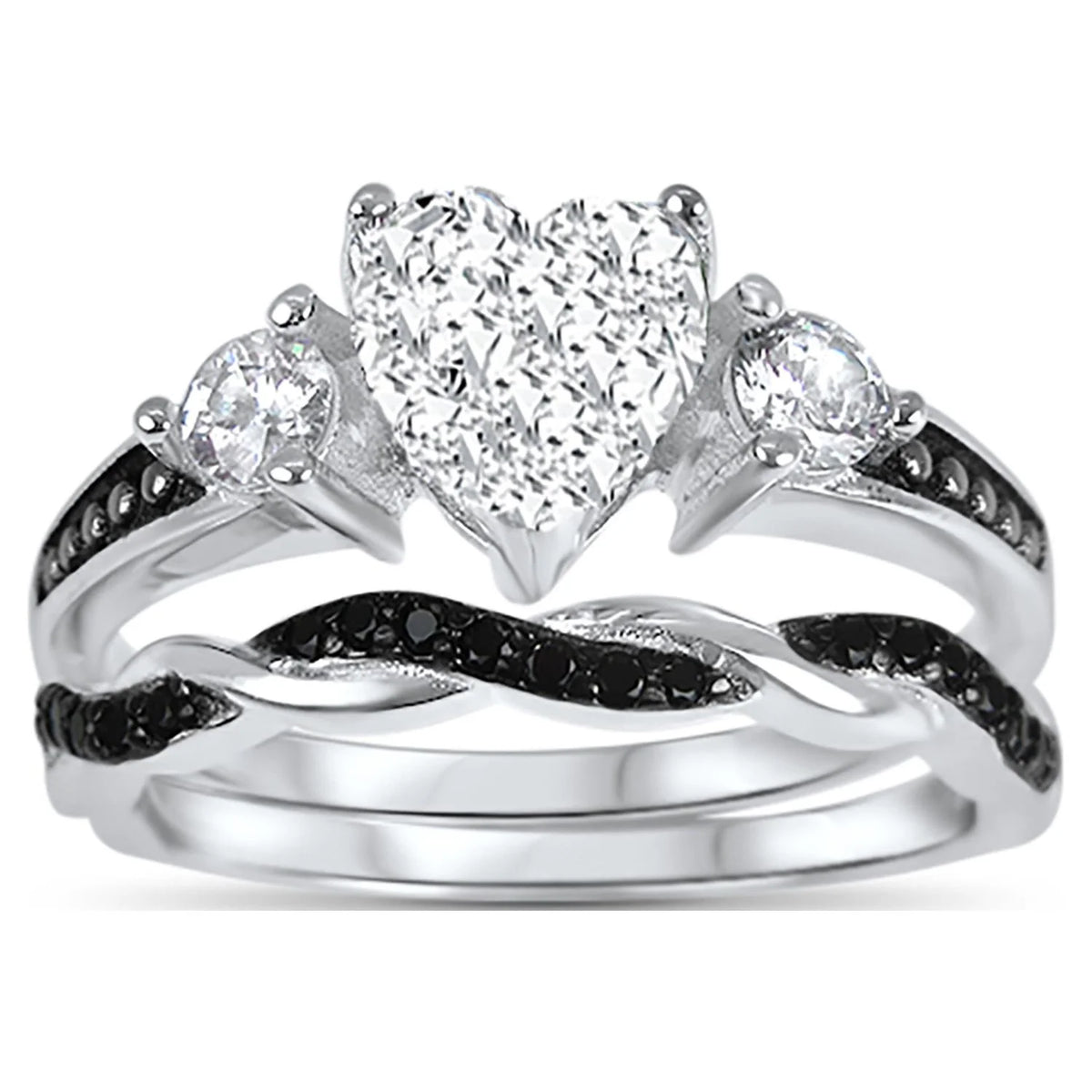 3 Piece Sterling Silver Black Wedding Band Engagement Ring Set F163496