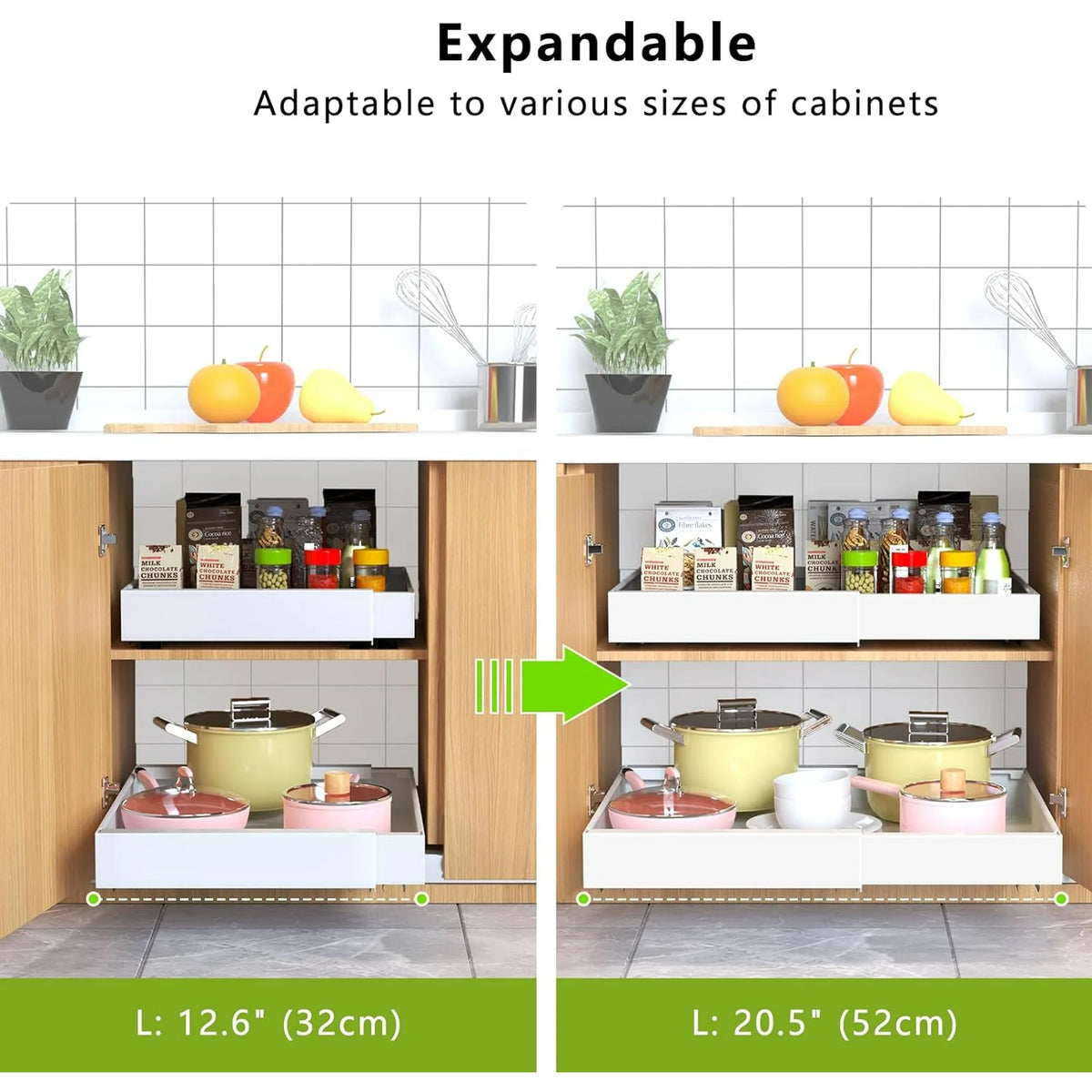 4 Pack Pull Out Cabinet Organizer, 21Deep Slide Out Drawer Organizers, White P2382
