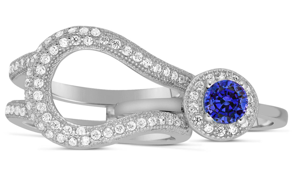 2.25 Carat Halo Round Blue Sapphire Moissanite Diamond Wedding Ring Set in 10k White Gold N369876