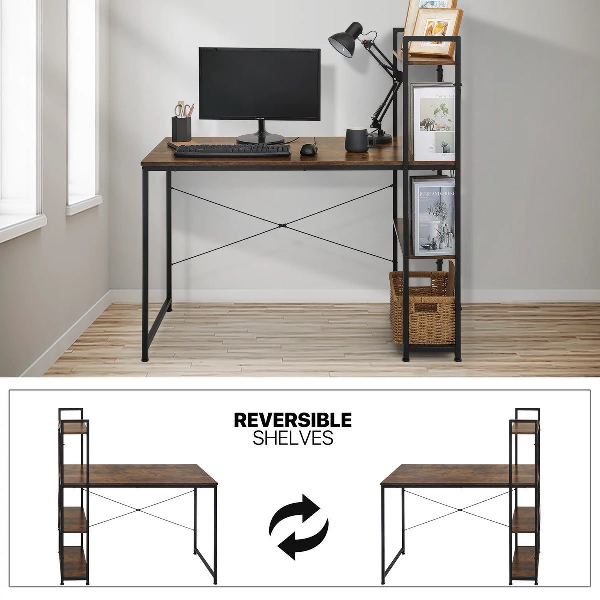 Black Computer Desk and Chair Set with Bookshelf S898