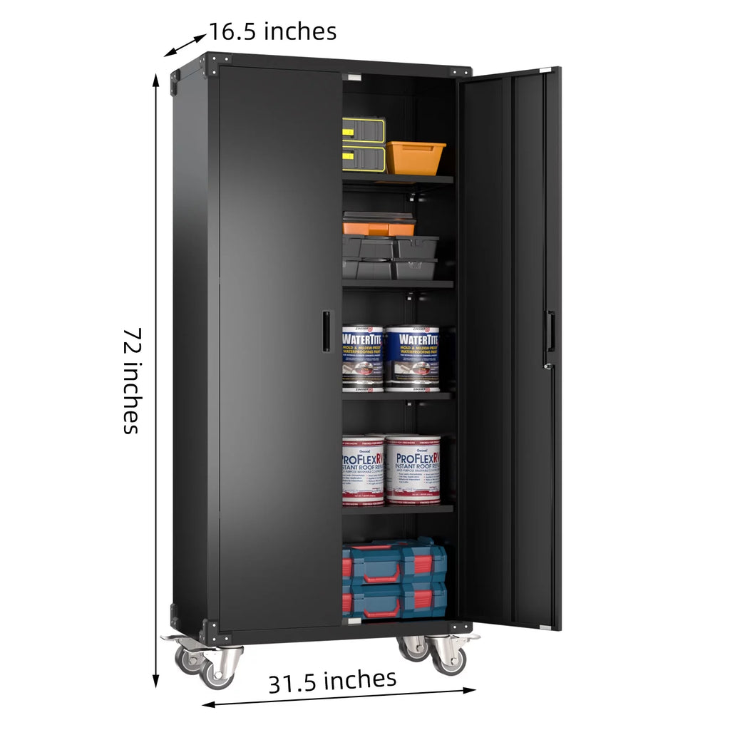 Metal Storage Cabinet with Lock, 72In Steel Storage Cabinet with Wheels, Black Y568464