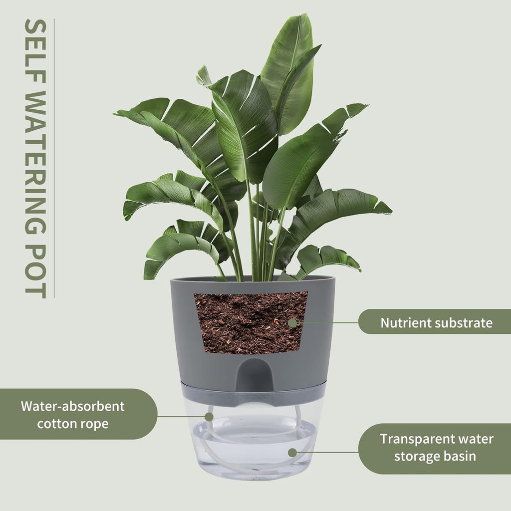 6 Pack Grey Plastic Self Watering Plant Pot Y14090