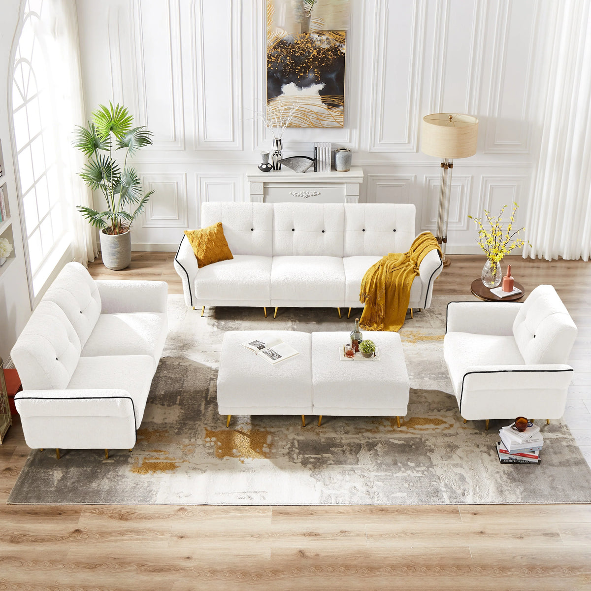 Sherpa Fabric White Loveseat Sofa V934