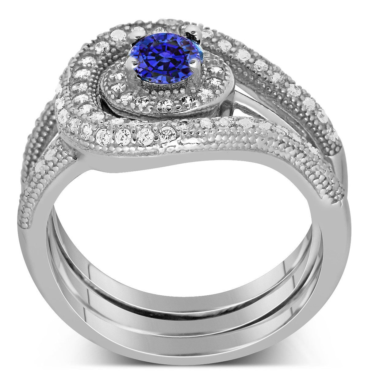 2.25 Carat Halo Round Blue Sapphire Moissanite Diamond Wedding Ring Set in 10k White Gold N369876