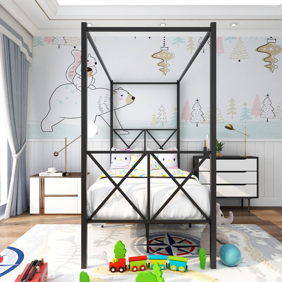 Twin Canopy Bed Frame with X Shaped Frame - Black B374513