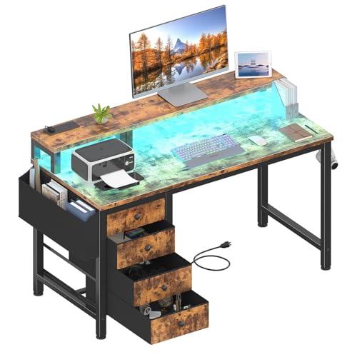 47 inch Gaming Desk with LED Lights and Power Outlets and Fabric Drawers O3340
