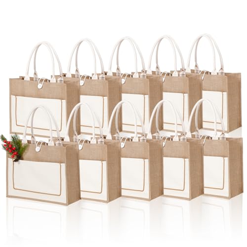 10 Pack Reusable Jute Canvas Tote Bags with Handles X1782