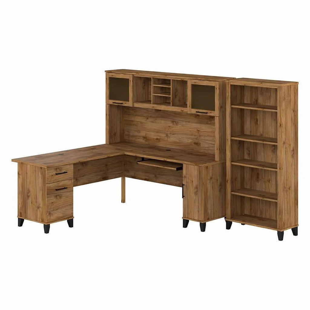 72W L Desk with Hutch and Bookcase in Fresh Walnut A509841