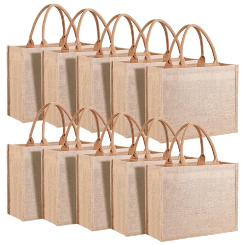 10 Pack Reusable Jute Canvas Tote Bags with Handles X1782