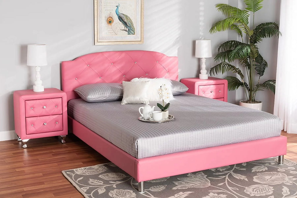 Pink Faux Leather Queen Size 3-Piece Bedroom Set E44865