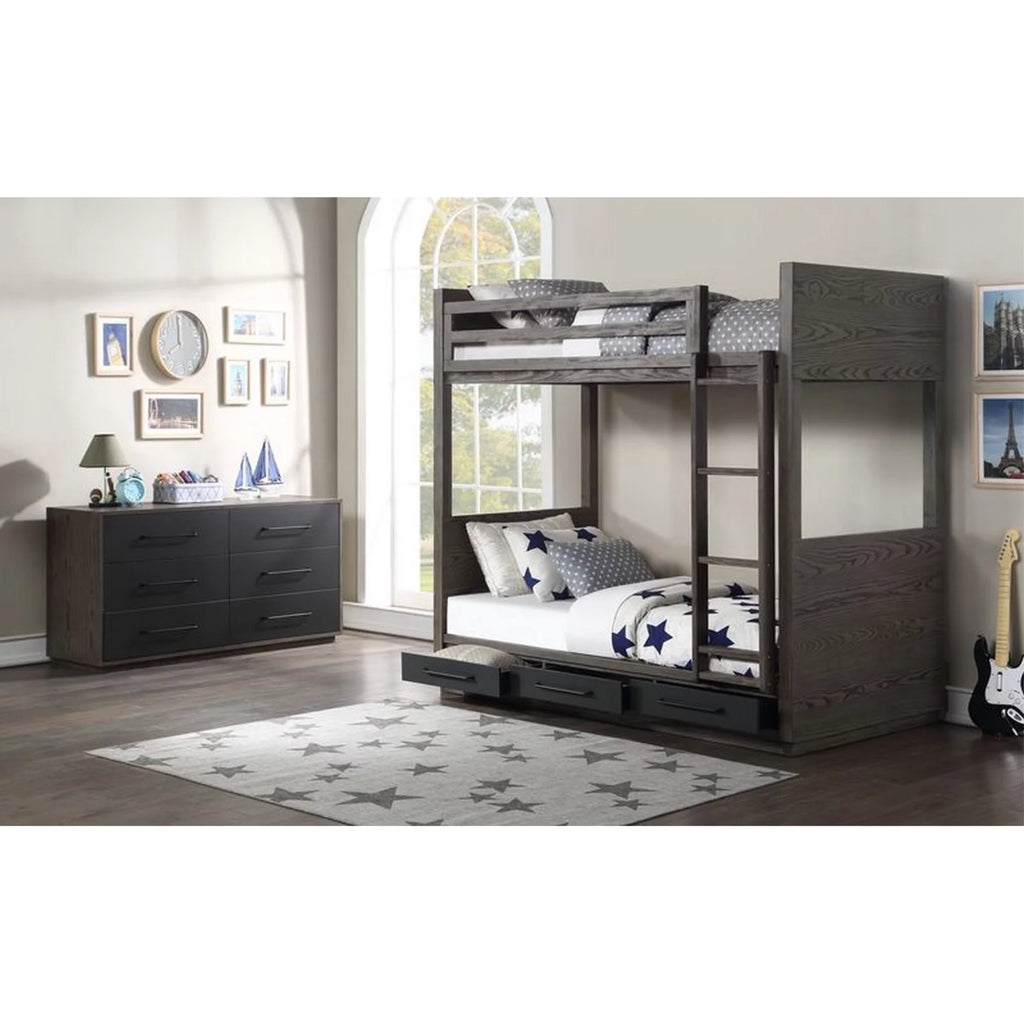 Twin over Twin Bunk with 2 Drawers Oak Gray V31172