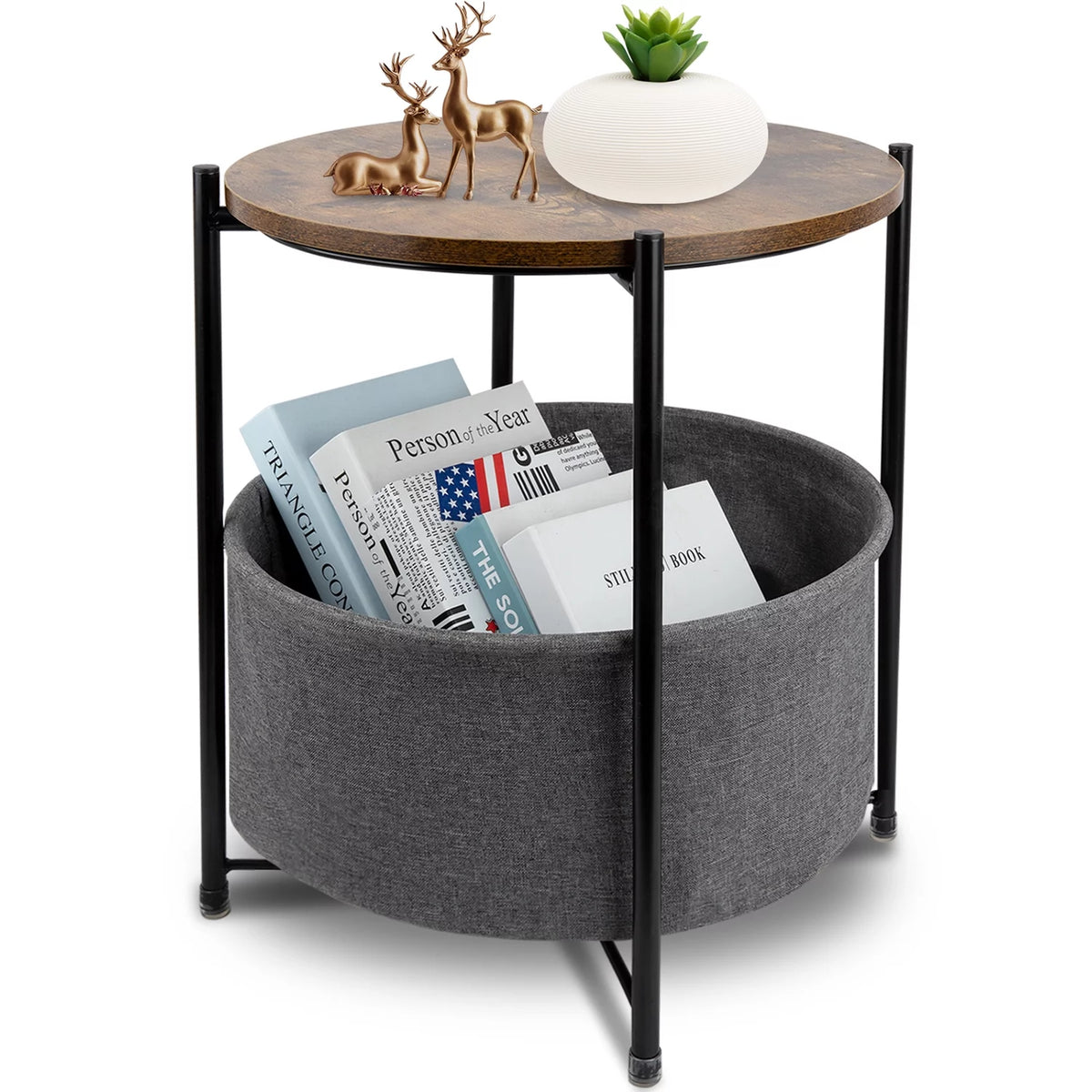 Round Side End Table with Fabric Storage Basket B74617