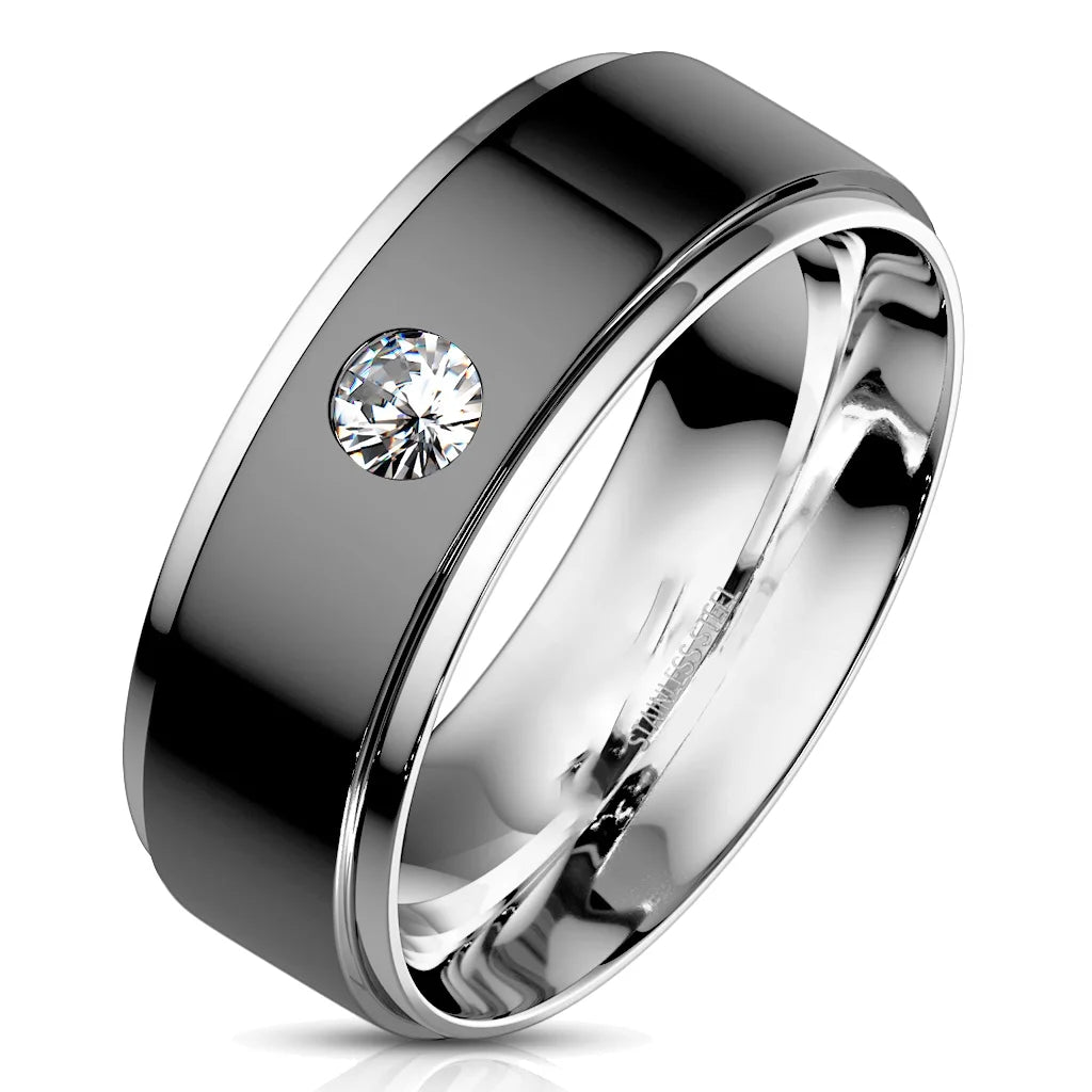 3 Piece Sterling Silver Black Wedding Band Engagement Ring Set F163496