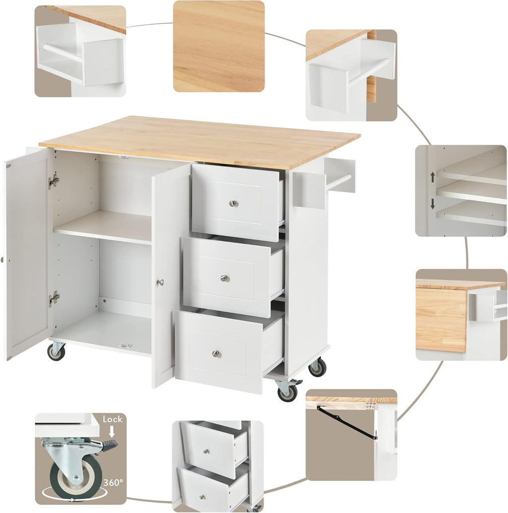 White Kitchen Island with 3 Drawers and Rolling Cart I6107