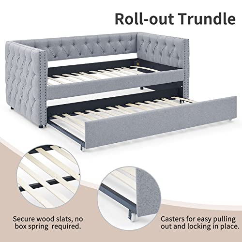Twin Size Linen Fabric Upholstered Daybed with Trundle M75363