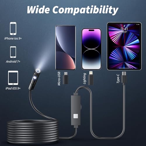 1920P HD Borescope with 8 Adjustable LED Lights, 16.4ft Semi-Rigid Snake Camera V575828