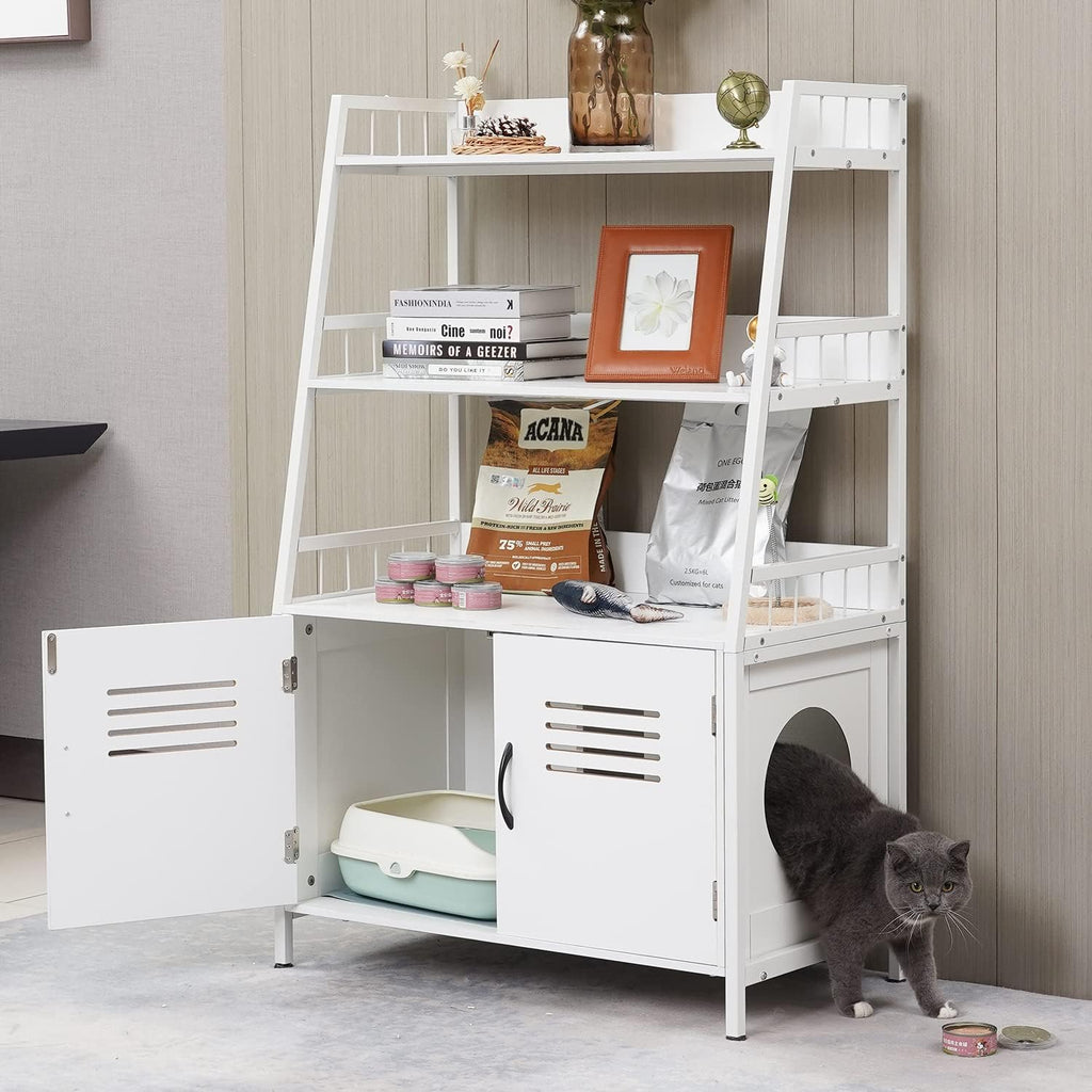 White Wooden Cat Litter Box Enclosure with 2 Doors L1845