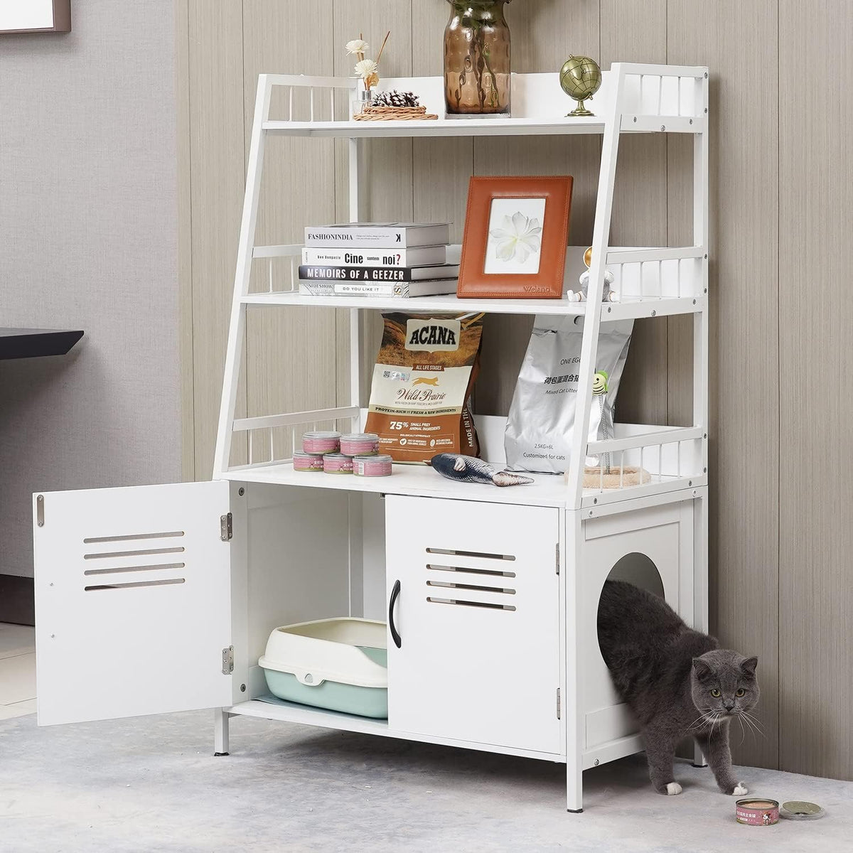 White Wooden Cat Litter Box Enclosure with 2 Doors L1845