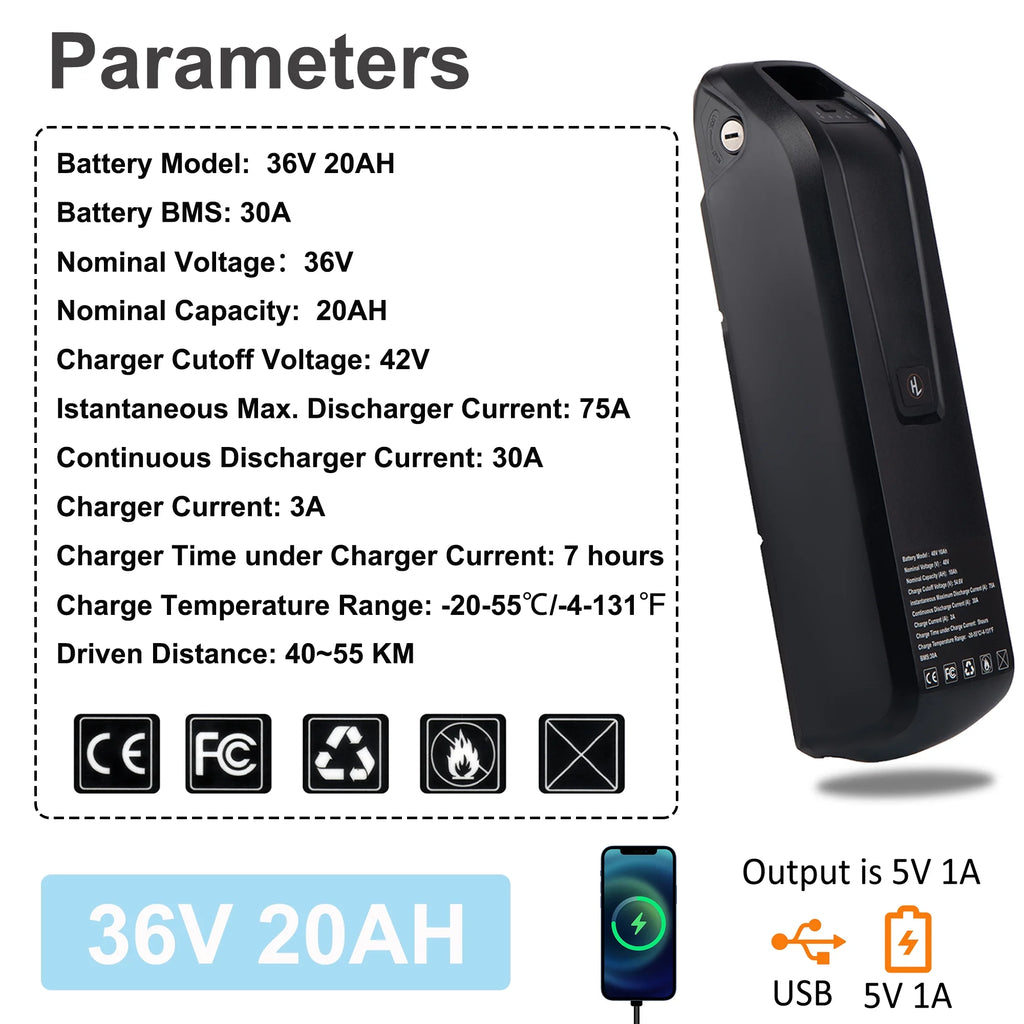 36V 20Ah Lithium Ebike Battery with 3A Charger Y2640