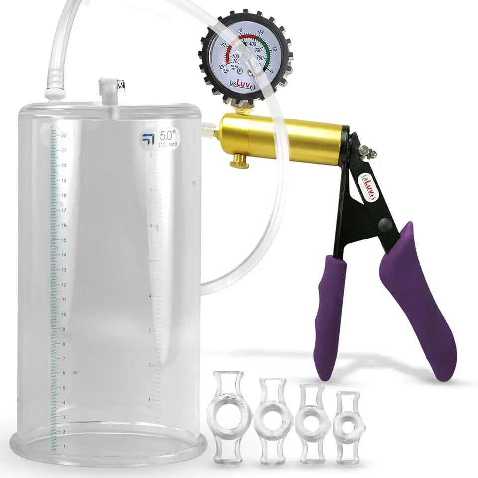 Penis Pump with Silicone Grips, Hose, Gauge, 4 Constriction Rings, 9" Length 5.00" Diameter Cylinder J844761