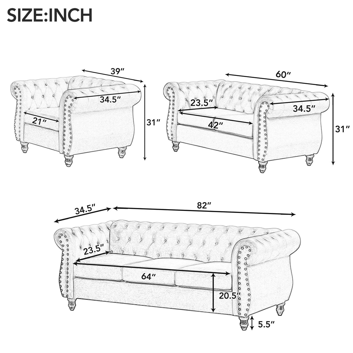 Dutch Velvet Tufted Sofa Set with Solid Wood Legs Q418