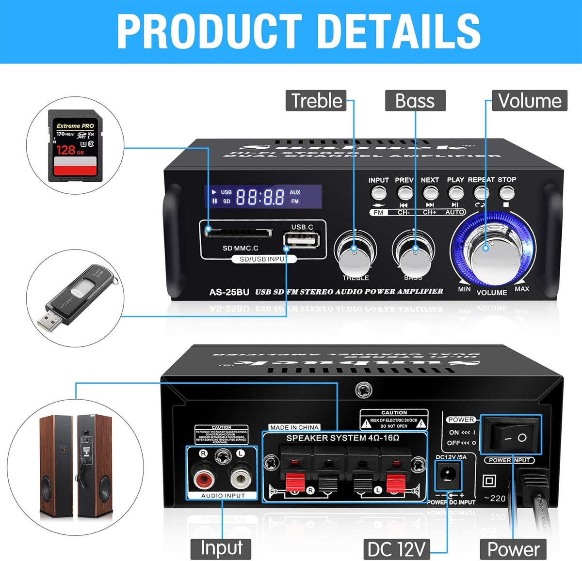 180W Wireless Bluetooth Stereo Amplifier, Dual Channel, Pack of 2 F15816