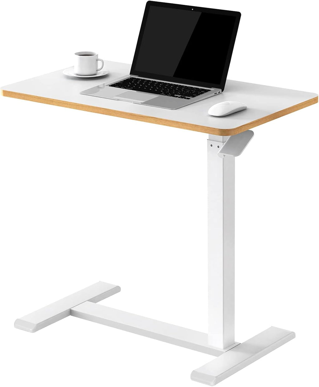 Medical Adjustable Overbed Bedside Table with Hidden Casters, Pneumatic Mobile Laptop Computer Standing Desk Cart with Tray, White G582