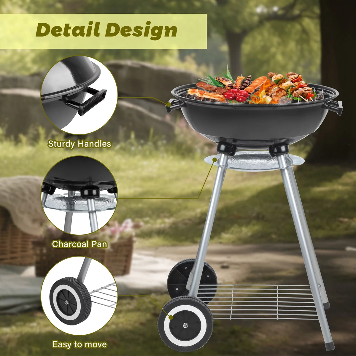 Charcoal Grills, Portable BBQ Kettle Grill, Heavy Duty Coal Grills, Black Y28892