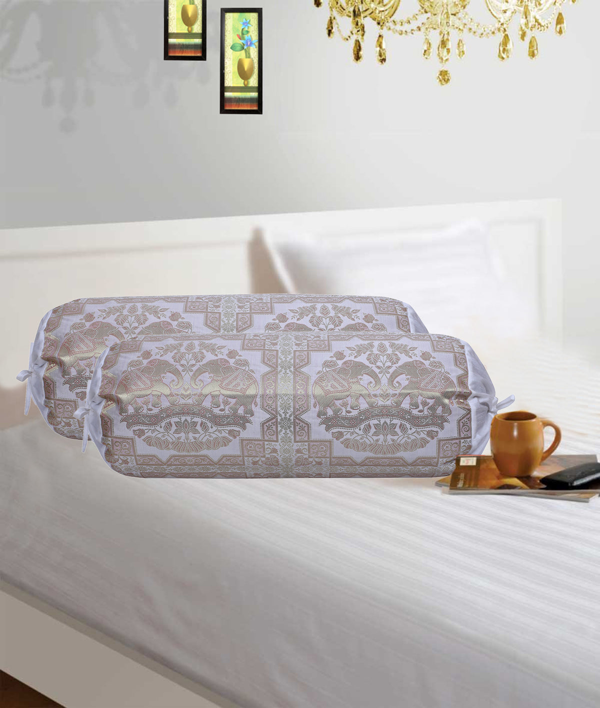 White Gold Elephant Jacquard Weave Round Tube Bolster Pillow Covers Set of 2 Pcs V3928