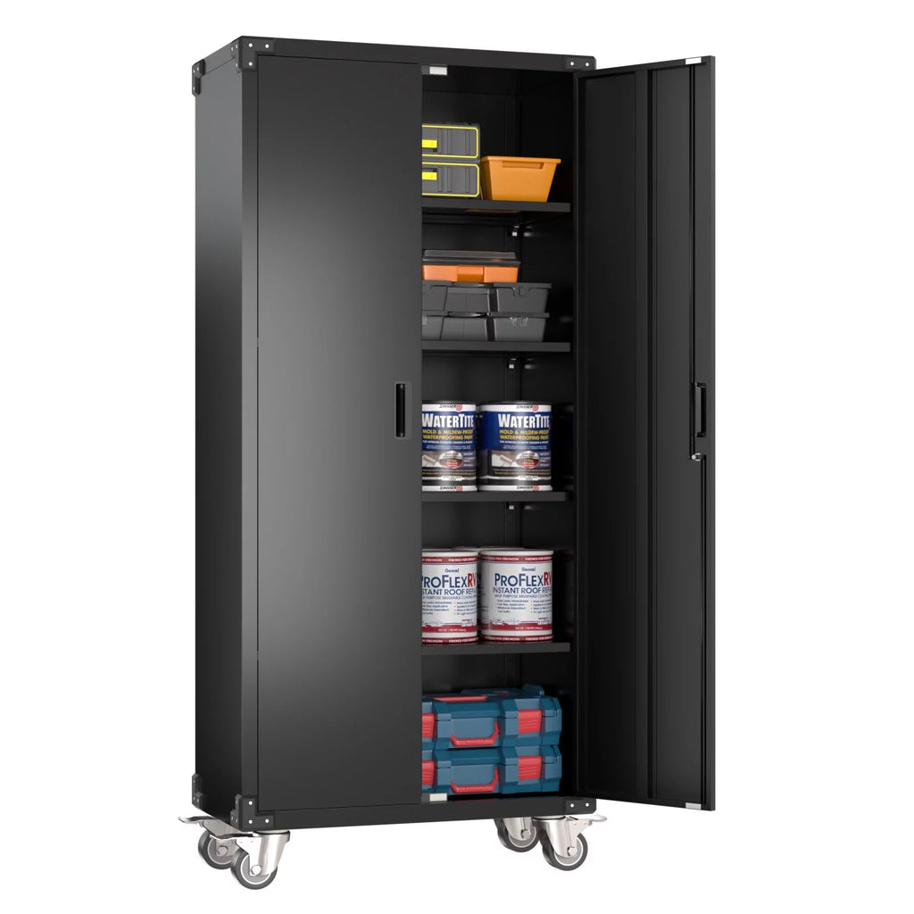 Metal Storage Cabinet with Lock, 72In Steel Storage Cabinet with Wheels, Black Y568464