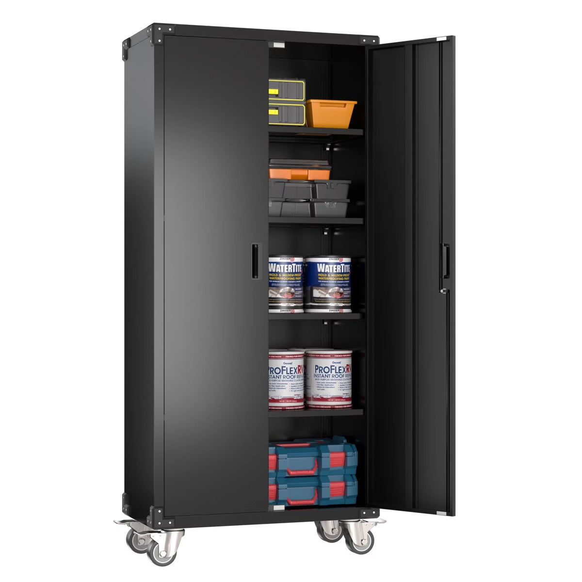 Metal Storage Cabinet with Lock, 72In Steel Storage Cabinet with Wheels, Black Y568464