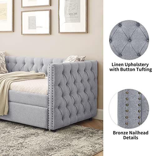 Twin Size Linen Fabric Upholstered Daybed with Trundle M75363