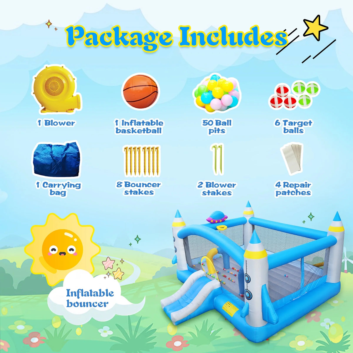 Inflatable Bounce House with Blower, 198" x 180" x 96" Tall E503